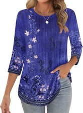 Womens 3/4 Sleeve Tunic Top Loose Fit Pleated Crew Neck Summer Casual Blouse Tesettür Tunik price