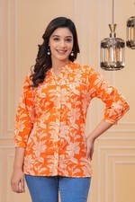 Short Kurta Top Women Pure Cotton Floral Boho Tunic Mandarin Collar 3/4 Sleeve Tesettür Tunik price