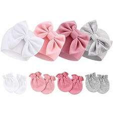 4 PCS Newborn Baby Hats and Mittens Infant Hats with Bow Cotton Baby Beanie C... Bebek Beresi price