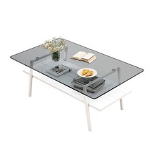 Modern Coffee Table w/Tempered Glass Top &Wood Shelf, Center Table w/Metal Legs Orta Sehpa price