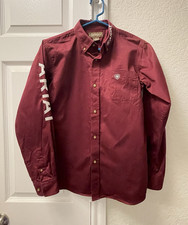 Ariat Boys L (14-16) Red Solid Long Sleeve Collared Button-Up Shirt Logo Erkek Çocuk Gömlek price
