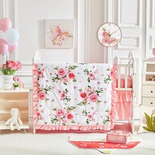 3 Pieces Flowers Crib Bedding Set Baby Ruffled Quilted Comforter with Fitted ... Bebek Nevresim Takımı price