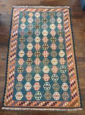 Vintage Turkish Kilim Flatweave Rust & Teal Wool Rug Geometric Reversible 5'x8' Kilim price