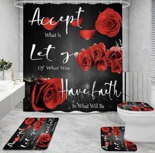 Black/Red/White Rose Floral Bathroom Accessory Set w/ Shower Curtain & Mats Banyo Aksesuar Seti price