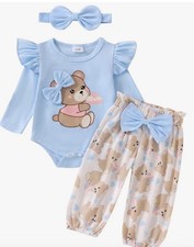Ursobutegl Newborn Infant Baby Girl Outfits Ruffle Bear Long 0-3 Months, Blue Bebek Hastane Çıkışı price