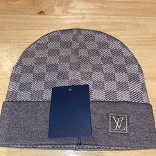 Louis Vuitton Men's Gray Check Beanie Hat One Size Designer Knit Style Erkek Beresi price