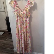Self Esteem Floral Smocked Midi Dress Pink Yellow Swiss Dot Ruffle Cottagecore Dresses price