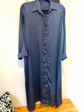 Women’s Blue Satin Polyester Shirt Dress Collared Button Front Midi L to Xl Dresses price