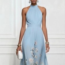 Halter Neck Floral Maxi Dress A-Line Chiffon Formal Wedding Guest Party Gown Dresses price