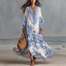 Printed V Neck Batwing Sleeve Bohemian Maxi Dress Dresses price