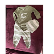 Baby Essentials 3 Piece Green Bodysuit Pants Hat Set Striped 6M Loved by Mama Bebek Zıbın Seti price
