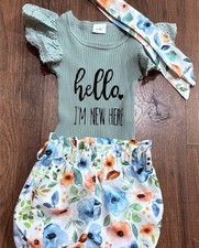 Girls 3-Piece Outfit Set 0-3 Months Ribbed Cotton Bodysuit Floral Pants Headband Bebek Zıbın Seti price