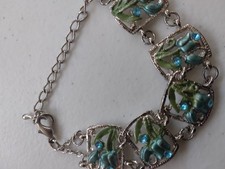 Vintage enamel floral panel bracelet blue rhinestones silver plated retro Bijuteri Bilezik price
