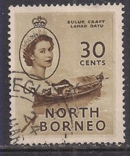 North Borneo 1954 QE2 30c Suluk Craft used SG 381 ( K1322 ) Suluk price