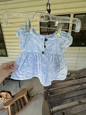 Baby Girl Blue Lined Dress Wood Buttons Floral Eyelet Embroidery 0/3 Months Baby Dress price