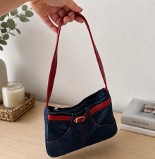 Blue Shoulder Bag Red Strap Zip Closure Buckle Detail Lined Small Silver Women's Belt Bag price