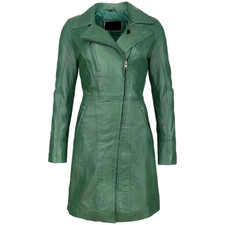 Womens Green Leather Car Coat  Lambskin Trench Jacket Long Moto Biker Outwear Long Coat price
