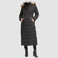 Kenneth Cole Faux Fur Trim Hooded Down Puffer Maxi Coat (Black, Small) Long Coat price