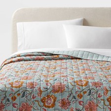 Full/Queen Earthy Vines Quilt Light Teal Blue/Mustard Yellow/Light Pink Floral Bedspread price