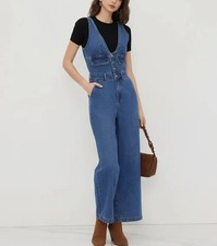 NEW Cider Blue Denim V-Neck V- Back Wide Leg Jumpsuit/ Overalls Zip Button Sz XL Women's Jumpsuit and Dungarees price