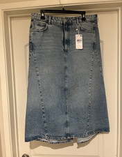 Mango Women’s Blue Solid Denim A-Line Midi Skirt Button Pockets Slit L Jeans / Denim Skirt price