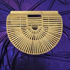 Natural Bamboo Semi-Circle Clutch Top Handle Bag Cutout Accents Clasp Closure Clutch Bag price
