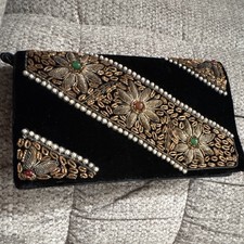 Black Floral Beaded Embroidered Evening Clutch w/ Strap, Zip Closure Clutch Bag price