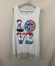 PLACE Girls 14/16 White Sleeveless Tank Patriotic LOVE Graphic Fringe Cotton Girls' Tank Top price
