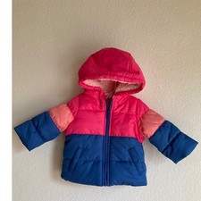 Carters Baby Girls 12M Colorblock Puffer Jacket Pink Blue Sherpa Hooded Coat Baby Coat price