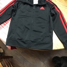 adidas Boys Track Jacket Black/Red Full Zip Pockets Polyester Size 4T Baby Coat price