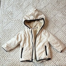 Mick Mack Beige Hooded Puffer Jacket 12M Fleece Lined Full Zip Polyester Baby Coat price