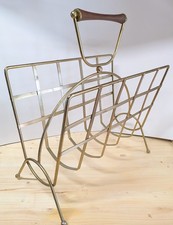 Vintage Mid Century Modern Brass Magazine Rack Newspaper Holder Wood Handle MCM Magazine Rack / Newspaper Rack price