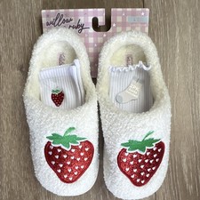 Willow & Ruby Ivory Strawberry Faux Fur Slip-On Slippers L(9/10) w/2PK Socks Women's Slipper Socks price