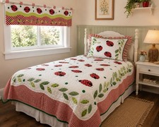 VTG Brittanica Ladybug 3 Piece Twin Set Bedspread Sham Valance Whimsy Hearts Baby Bedspread Set price