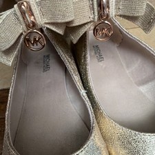 Michael Michael Kors Gold Leather Ballet Flats Ankle Strap Bow Logo Charm Zip 4 Ballet Flats price
