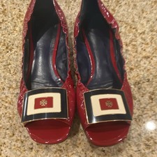 Tory Burch Women's Red Patent Leather Ballet Flats Peep Toe Logo Buckle US 7.5 Ballet Flats price