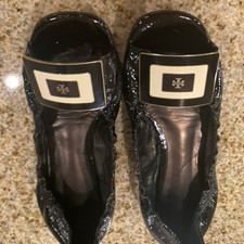 Tory Burch Women's Black Patent Leather Ballet Flats Peep Toe US 7.5 Ballet Flats price
