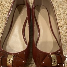 Tory Burch Women's Burgundy Patent Leather Peep Toe Ballet Flats Bow Logo US 8 Ballet Flats price