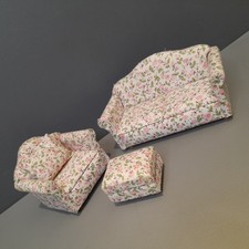 Dolls House Furniture Set Living Room Floral Armchair Sofa Cushion Footstool Living Room & Lounge Set price