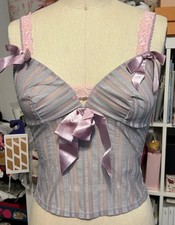 READ! Vintage Sophie B Lavender Pinstripe Satin Bow Lace Trim Corset Bustier Top Bustier price