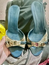 Gucci GG Monogram Blue/Beige Open Toe Slip-On Mule Heels Buckle 6B High-Heeled Shoes price