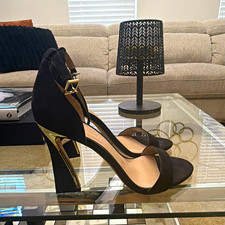 JLO Jennifer Lopez Black Suede Open Toe Ankle Strap Block Heels Size 7 High-Heeled Shoes price