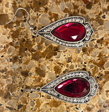 Silver-Tone Red Teardrop Halo Dangle Drop Hook Earrings Metal Lobe Silver Earrings price