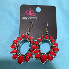 Paparazzi Red & Silver Oval Dangle/Drop Hook Earrings Metal No Stone Silver Earrings price