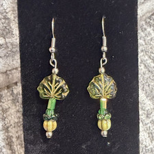 Green Leaf Glass Beaded Dangle Drop Earrings w/ Hook Closure, Silver Tone Silver Earrings price