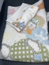 VTG Mother Goose Baby Quilt Handmade Cross Stitch Embroidered & Matching Sheet Baby Quilt price