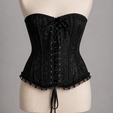 Womens Black Lace Up Corset Top Floral Lace Ruffle Trim Side Zip Goth L Large Women's Corset price