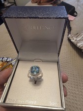 Brilliance Blue Cushion Crystal Halo Cocktail Ring Silver Plated Size 8 Swarovski Ring price