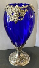 Colbolt Royal Blue Glass Vase w/Silver Plate Grape Accents Elegant Vase price