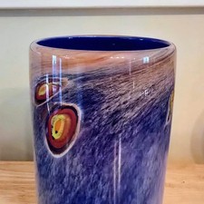 Small funky unusual, 4x7" Blue glass vase with orange and yellow circular motifs Vase price